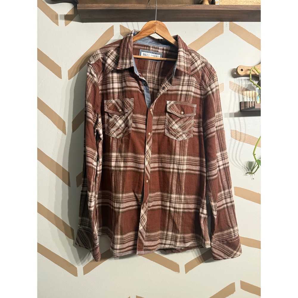 BKE Plaid Button Down XL Brown Long Sleeve‎ Snap Pocket Western Flannel Shirt